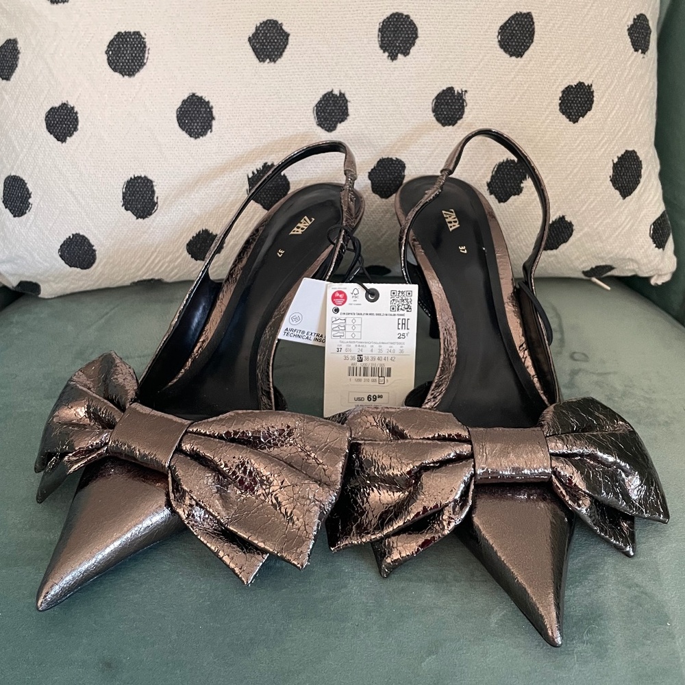 Zara metallic grey bow slingback heels in 6.5
